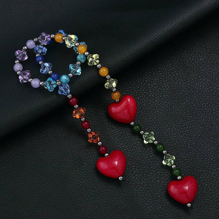 Y2K Style Big Red Heart Beaded Keychain, Dopamine Inspired Resin Keyring Pendant, Pink & Blue Crystal Gemstone Charm For Backpack, Handbag, Car Keys, Suitable As Surprise Gift For Friends, Family, Girlfriend, Valentine's Day