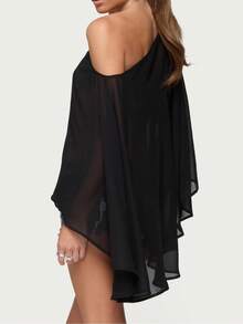 Women Sheer Poncho Shrug Lightweight See Through Mesh Shawl Y2k Asymmetrical Poncho Tops Cover Ups - màu đen - Xem 3