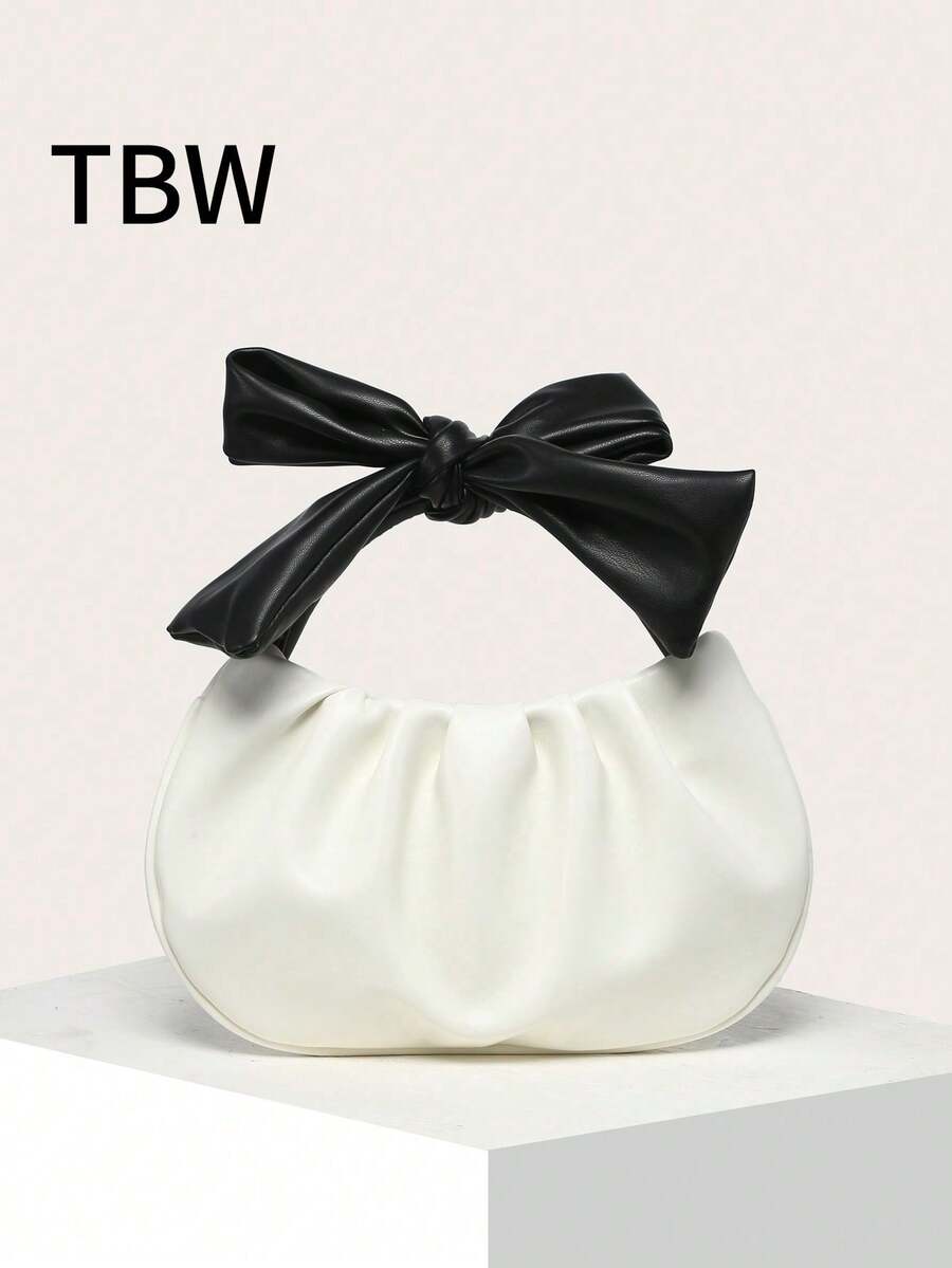 Women's Wrinkled Cloud Bag With Bow, High-Quality French Minimalist Design For Outings. - Black and White - View 1