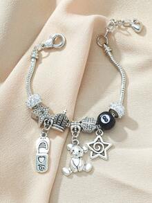 1件银色可爱吊坠手链，女士泰迪熊皇冠星星8毫米球珠饰品礼品 - 泰迪熊星星 - 查看 4