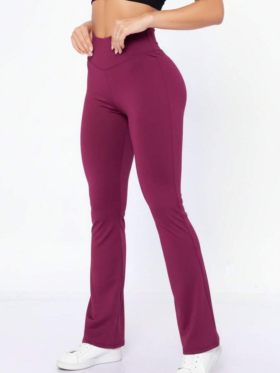 Women's Suplex Flare Pants High Waist Ballerina Bell Bottom Gym Fitness Casual - 酒紅色 - 查看 1