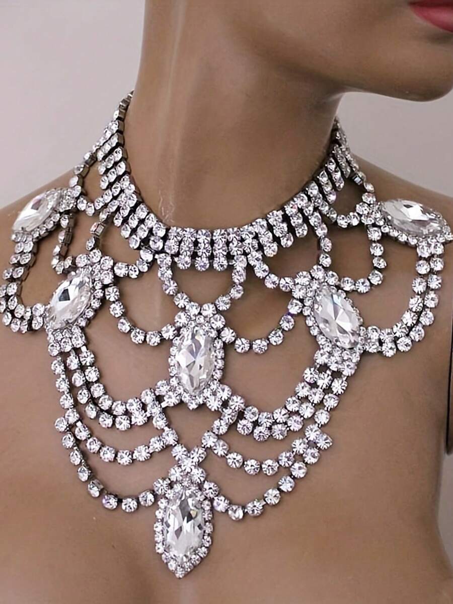 1pc Luxury Sparkling Crystal Zirconia Necklace, Party Dress Necklace Accessory, Fashionable Shiny Jewelry Accessory For Women - 銀色 - 查看 1