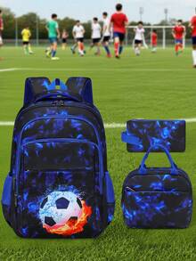 3 pezzi Set di zaini con stampa calcio, design a scomparti multipli di grande capacità, fodera in poliestere, cinghie per le spalle regolabili e confortevoli, tasche laterali per bottiglie d'acqua e ombrelli, adatto per uso quotidiano e viaggi, zaino in poliestere resistente all'acqua e durevole, regalo per il ritorno a scuola o il Natale