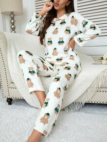 2pcs Women's Winter Pajama Set, Flannel Lined Fluffy Pajamas With Cute Scarf & Bear Pattern, Minimalist & Fashionable Sleepwear, 2 Pieces Set, Fall Clothes