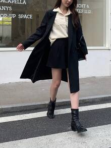 女士通勤翻领长袖双排扣夹克，秋季 - 黑色 - 查看 6