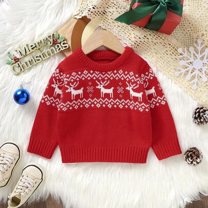 Infant Christmas Knit Sweater, Red Color + Reindeer Element, Crew Neck Pullover Long Sleeve, Cute & Casual Style, Autumn/Winter