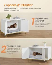 Feandrea Meuble Litière pour Chat , Maison de Toilette pour Chat, avec Tapis de Grattage, Pieds Hauts, Table d'Appoint, 90 x 48 x 61,5 cm, Blanc et Doré - Blanc - Voir 6