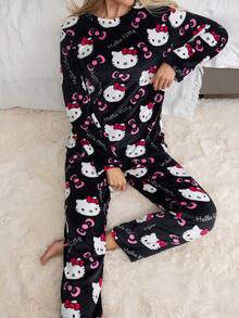 2pcs Women's  Cartoon Cute Flannel Warm Thick Fleece Pajama Set, 1 Full Print Long Sleeve Crew Neck Top And Pants, Comfortable Loose Fit, Suitable For Autumn/Winter - 黑色 - 查看 5