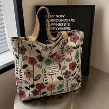 Lightweight Printed Canvas Shopping Bag, Cosmetic Bag, Zipper Closure, No Lining, Multi-Function Attendance Handbag, Suitable For Casual Shopping And Storage - Màu Đỏ Sâu - Xem 5