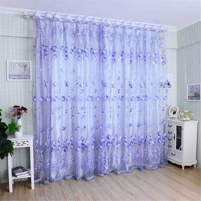 2 Panels Sheer Curtain, Single-Layer Rose Print Semi Sheer Window Curtains Drapes Set For Bedroom Sliding Glass Door Purple Curtain Drape Rod Pocket Top Tulle Gauze