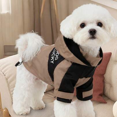 1pc Pet Dog Casual Fashionable Windbreaker Jacket, Colorblock Patchwork Minimalist Design Hooded Long Sleeve Coat For Teddy, Poodle, Small Dogs, Spring/Autumn/Winter