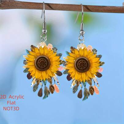 2D Flat, 1 Pair Bohemian Ladies Acrylic Sunflower Butterfly Pendant Earrings - Double Sided Bright Yellow Sunflower With Colorful Butterfly Design, Lightweight Flat Hanging Earrings, Perfect For Casual Dress Or Gift, Durable Clip Closure, 2D Flat
