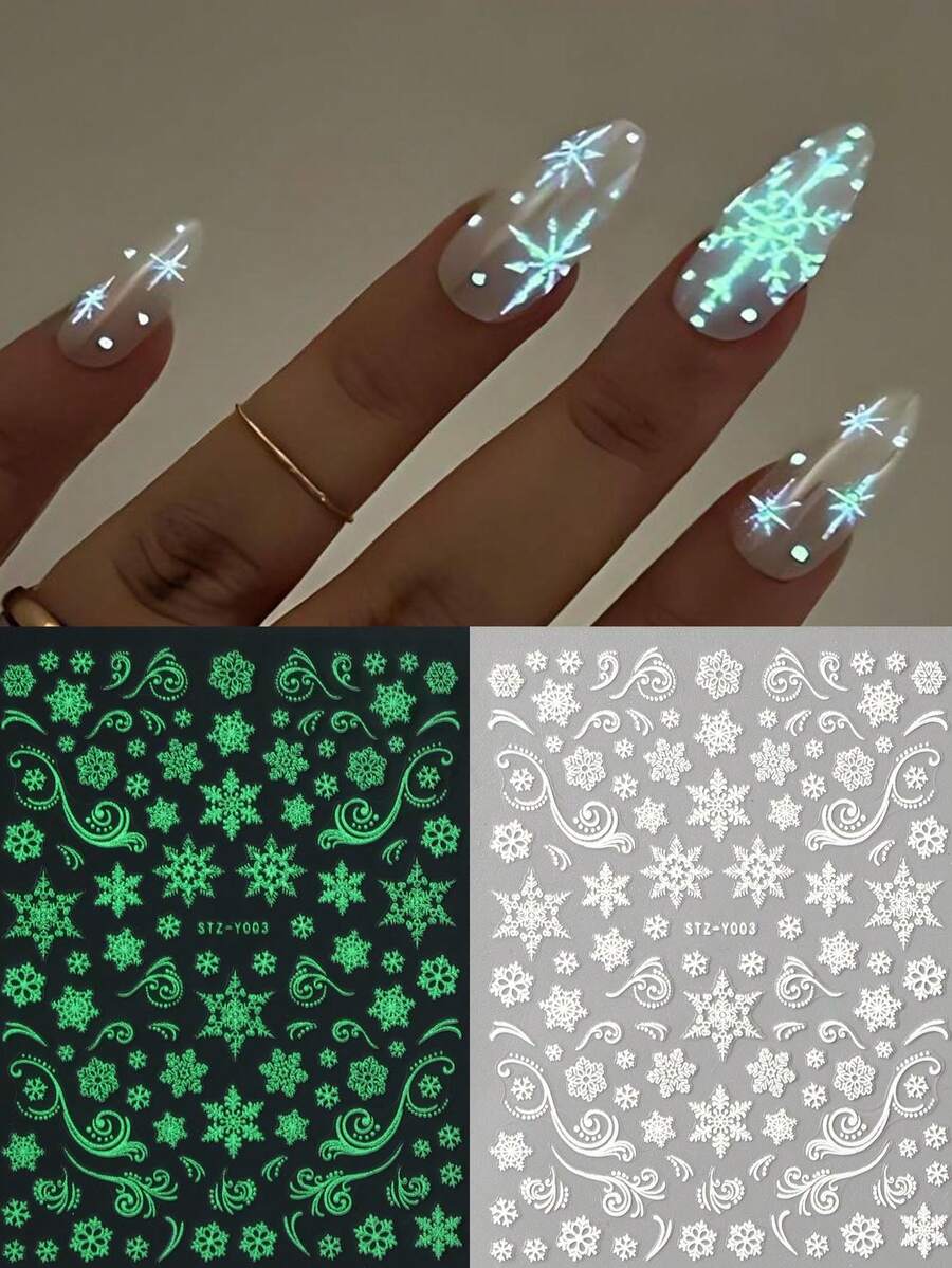 2 sztuki świecących płatków śniegu, koronkowe naklejki na paznokcie, świąteczne, zimowe, śnieżne, wiatrowe, świąteczne, noworoczne, suwaki do paznokci