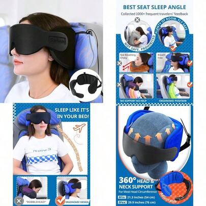Travel Pillows For Airplanes 360° Support Headrest Pillow With Eye Mask For Sleeping Long Flights Travel Pillow For Car Road Trip Car Headrest Travel Accessories Stop Bobblehead Black