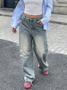 Jeans rectos y sueltos con adornos de strass, estilo vintage casual para mujer, moda europea y americana de comercio transfronterizo - Lavado ligero - Ver 2