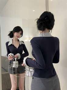 甜美与辛辣二合一拼接修身短款Polo领长袖上衣 - 藏青色 - 查看 4