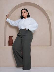 Plus Size Wide Leg Pants, New Fashion Tailored Fabric - Army Green - View 3