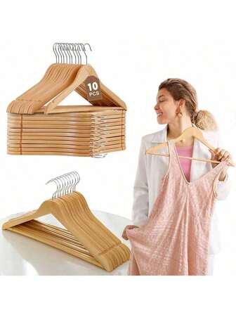 3/5/10pcs Wooden Clothes Hangers, Non-Slip Coat Hangers, Heavy Duty Bathrobe Hangers, Suitable For Closet, Multi-Functional Space-Saving Hangers For Shirts, Jackets, Dresses, Pants, Great For Back To School, Thanksgiving, Halloween, Christmas Gifts