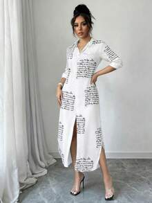 Loose Shirt Dress With Buttons Front, Casual Solid Color Split Hem Dress In Spring And Autumn, Shirt Dresses For Women - Chữ màu trắng - Xem 2