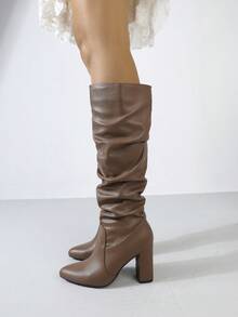 Timesize Brown Over-The-Knee Boots, Denim Boots, Platform Boots, Women's Wedding Shoes, Winter Boots, Women's Boots, Chunky Heel Boots, Super High Heel Tall Boots, Random Wrinkle Pattern - Brown - View 5