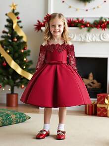 Elegant Satin Lace Waist Bow Decor Dress For Young Girls, Suitable For Birthday Party, Excluding Headband