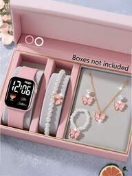 6/1pc/Set Girls' Fashionable And Elegant LED Heart-Shaped Digital Electronic Watch And Butterfly Jewelry Bracelet, Necklace, Ring, Earring Set, Suitable For Girls To Wear, Suitable For Students, Suitable For Daily Life Such As School, Parties And Travel, Very Suitable For Giving To Friends, Birthday Gifts, Back To School Season, Graduation Season, Christmas, Is The Perfect Gift For Girls