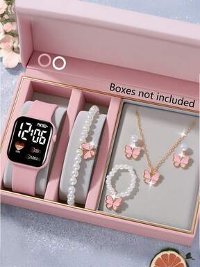 Conjunto de 6/1 pieza de reloj digital electrónico con forma de corazón LED y joyería de mariposa (pulsera, collar, anillo, pendientes) de moda y elegante para niñas, adecuado para usar en la escuela, fiestas y viajes, es el regalo perfecto para niñas en cumpleaños, regreso a clases, graduación, Navidad