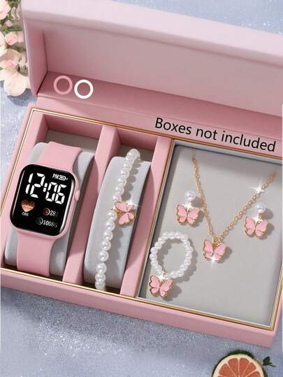 Conjunto de 6/1 pieza de reloj digital electrónico con forma de corazón LED y joyería de mariposa (pulsera, collar, anillo, pendientes) de moda y elegante para niñas, adecuado para usar en la escuela, fiestas y viajes, es el regalo perfecto para niñas en cumpleaños, regreso a clases, graduación, Navidad
