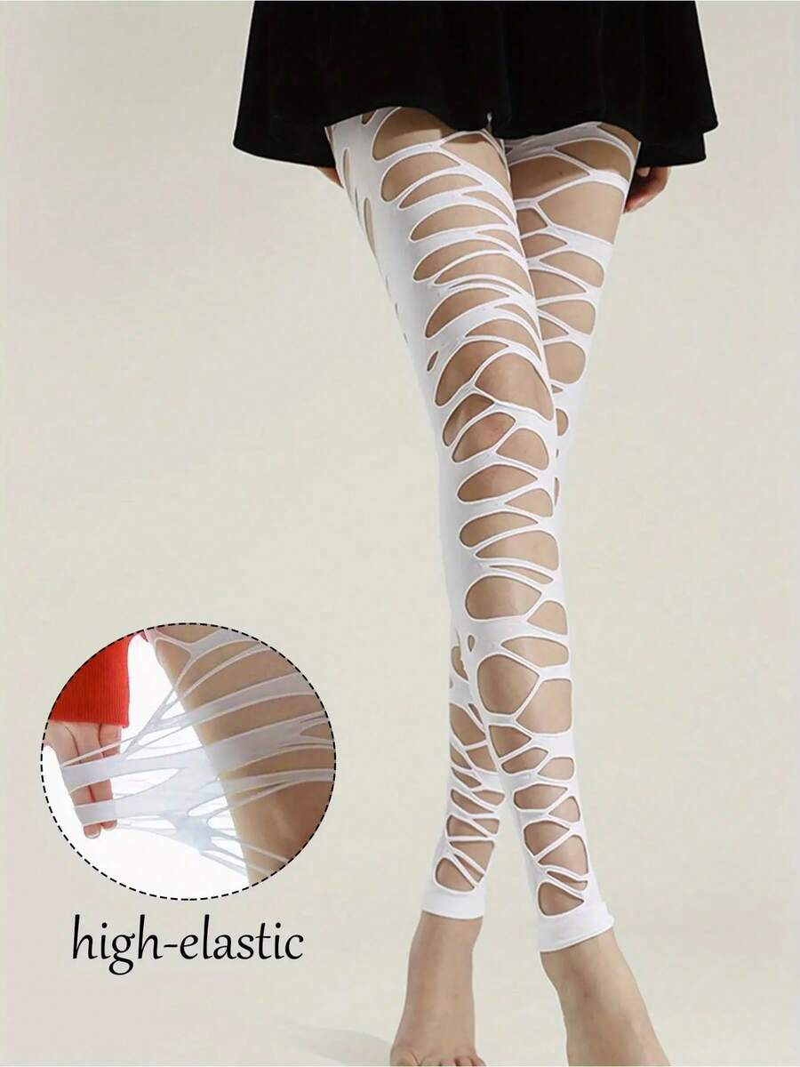 1 Piece Women's Plus Size Torn Fishnet Pantyhose - High Elasticity Asymmetric Patchwork Design With Irregular Hollow Thigh Slits, Sexy Avant-Garde Black Stockings, Suitable For Casual And Formal Outfits, Comfortable Elastic Fit (Hand Washable) - Fashionable And Cute Style