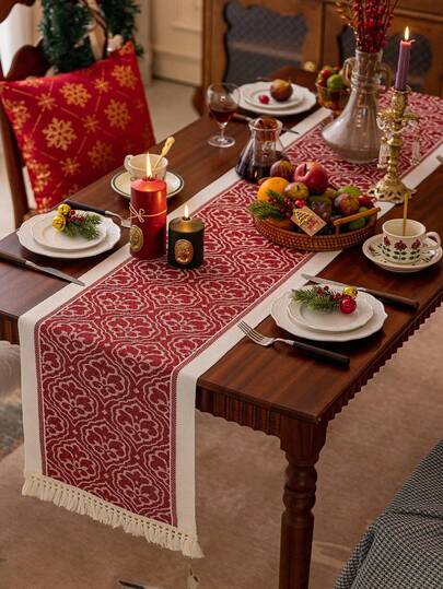 1pc Christmas Red Jacquard Table Runner, Cute Minimalist Christmas Pattern Table Runner, Suitable For Living Room, Dining Room, Party, Home Decor, Room Decor, Tabletop Decor And Holiday Gift, Multiple Sizes Available, Suitable For All Seasons