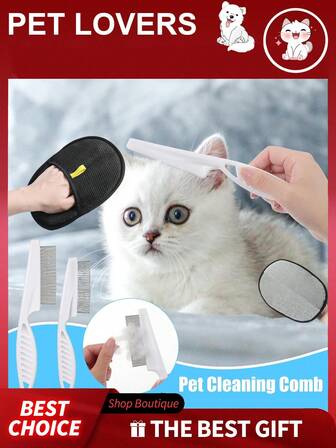 Ensemble de nettoyage pour animaux de compagnie 3 pièces (2 peignes à puces pour chiens et chats + 1 gant d'épilation pour animaux de compagnie), une combinaison de peignes de toilettage en acier inoxydable pour animaux de compagnie, peignes fins pour chiens, outils d'épilation pour animaux de compagnie et gants d'épilation réutilisables pour animaux de compagnie, convenant aux chiens, chats et chevaux à poils longs et courts pour le toilettage, le massage et le nettoyage