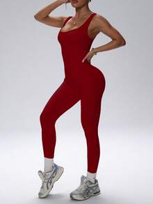 FWH All-In-One Perfection,Figure-Enhancing,Vintage Glam,Flattering Jumpsuit For Workouts & Streetwear,Bust-Lifting & Waist-Cinching Design,Built-In Padded Bra,#Yoga #StreetStyle #DateNight #Vacation,Sexy Workout Jumpsuit,Tummy Control Jumpsuit,Vintage Yoga Jumpsuit,Slimming One-Piece Activewear,Sexy & Slimming One-Piece Yoga Jumpsuit - Burgundy - View 5