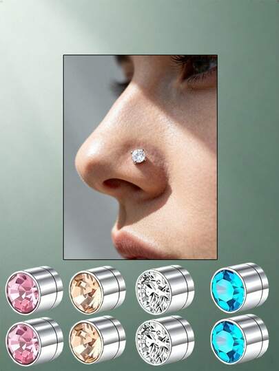 مجموعة ثقب وهمي بدون ثقب - دبوس/حلق أنف فضي/ذهبي، حلق شفة وأذن غضروف هيليكس | أقراط حلقة قابلة للتثبيت، ثقب وهمي للحاجب/جسر الأنف | مجوهرات جسم لاصقة