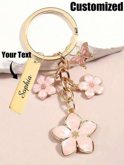 1pc Customized Metal Sakura Bow Keychain, Lightweight & Elegant Sakura Design, With Tag, Suitable For Bags, Car Keys, Couples & Holiday Gifts, Personalized Gift