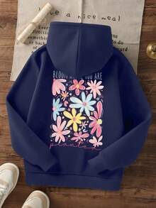 1件少女休闲印花套头卫衣，保暖内衬，长袖，秋冬季学生青少年服装