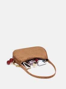 1pc Soft Suede Short Plush Autumn/Winter Decorative Cherry Pendant, Women Simple Shoulder Bag With Zipper Closure, Vintage Style Underarm Bag, Suitable For Various Occasions - Mocha Brown - View 5