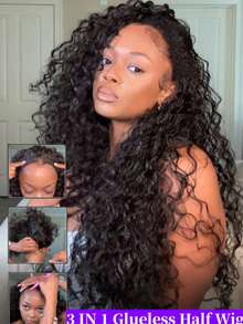 ZHENDEFA 3-In-1 Reversible Jerry Curl Wig, Real Human Hair, Seamless Flip-Over Wig With Adjustable Drawstring, Suitable For Beginners, Wet Wave Headband Wig, Women