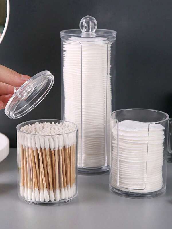 Suporte redondo 2 em 1 para algodão e cotonete de limpeza com capa, armazenamento para banheiro ou penteadeira para almofadas de maquiagem, caixa organizadora transparente para joias e almofadas de maquiagem