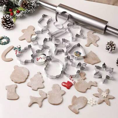 3 PIEZAS/5 PIEZAS/12 PIEZAS, Molde de galletas de acero inoxidable navideño, Molde de corte de galletas con formas divertidas de la serie navideña, Hombre de jengibre/Caramelo/Casa de Navidad Reno, Juego de utensilios de repostería