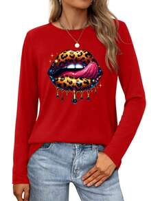 Glowing Leopard Lips With Dripping Stars And Sparkles Womens Long-Sleeve Crewneck T-Shirt - Red - View 1