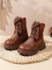 1 par de botas planas estilo occidental bordadas para bebé, botas cómodas y ligeras adecuadas para uso casual y al aire libre en otoño/invierno - Marrón - Ver 2