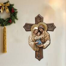 1/2pcs 3D Jesus Family Cross Wooden Pendant, Religious Theme, Suitable For Home Room Wall Decor, Gift For Friends And Family, Holiday Decoration - Multicolor-punched Hemp Rope - View 7