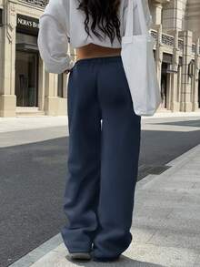 Sulojter Casual Loose Solid Color Elastic Waist Sweatpants - Dusty Blue - View 6