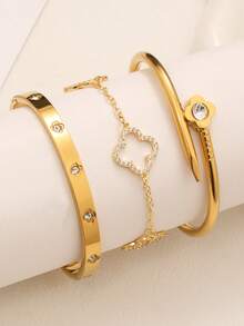 Luxury Elegant Fashion Four-Leaf Clover Nail-Shaped Zirconia Bracelet Stainless Steel Women's Bracelet Set, Suitable For Daily Stacking Wear, Evening Parties, Dates, And Daily Wear As Gifts