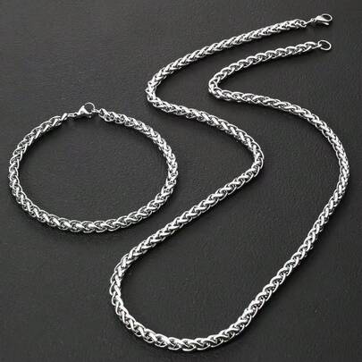 2pcs/Set Street Hip-Hop Style Stainless Steel Chain Necklace And Bracelet Set, Punk Fashion Accessories For Men, Durable And Fade-Resistant, Perfect For Various Stylish Outfits