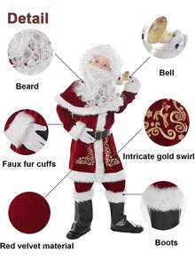 Santa Claus Costume Set Hat+Shawl+Top Shirt +Loose Pants+Shoes+Gloves+Waist Belt, Deluxe Velvet Santa Suit - Đỏ - Xem 4