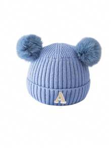 1 件 A-Z 0-3 岁冬季保暖双层加厚婴儿羊毛针织帽新生儿帽子双绒球可爱帽子适合儿童男童女童儿童无檐帽 - 藍色 - 查看 5