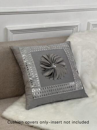 1pc Velvet Patchwork Flower & Rhinestone Decorative Throw Pillow Case, Bedroom & Living Room Cushion Cover Pillows Bedding Room Decor Home Decor Bedroom Decor Cushion Covers Cushions Pillow Cases