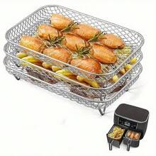 Set Of 3PCS Stainless Steel Air Fryer Grilling Rack Double Basket, 3 Layer Dehydrator Barbecue Rectangular Air Fryer Rack, Multi-Purpose Air Fryer Accessories For Kitchen Baking And Roasting - Silver - View 8