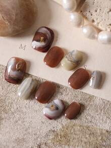 10pcs Press On Short Nail Fake Nails Brown Halation Marble Pattern Cat's Eye Artificial Nails Kit Includes 1sheet Adhesive Tabs &1 Pc Mini File Nail Supplies - Multicolor - View 2